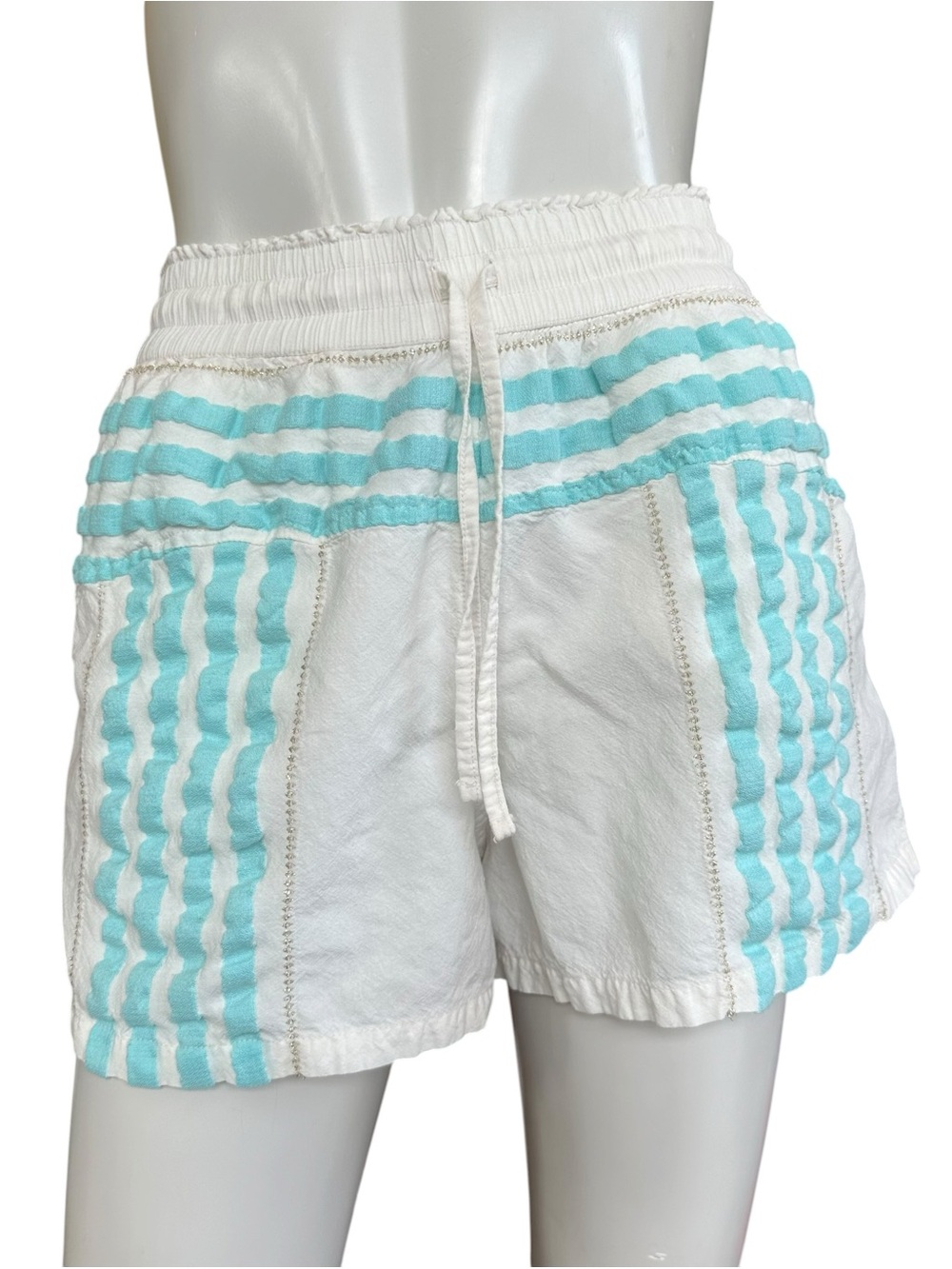 Nema Resortwear White Drawstring Shorts Teal Gold Striped Size Small